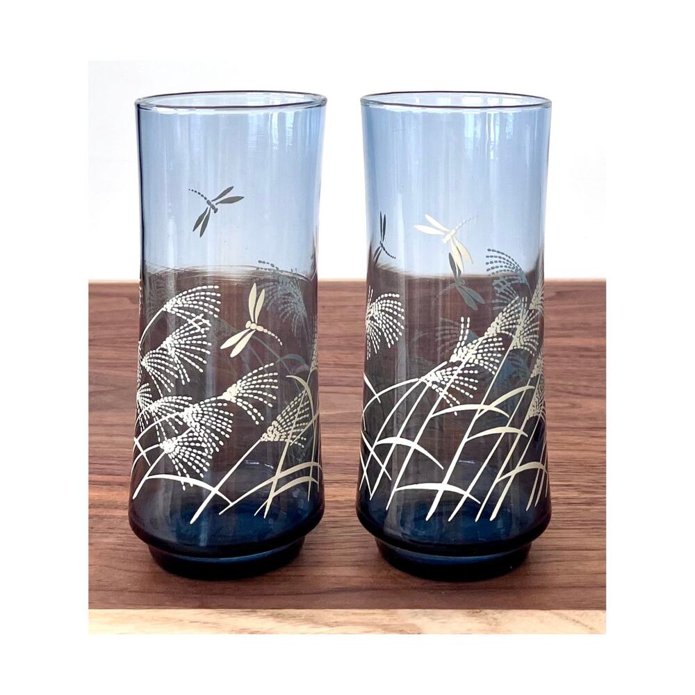 Vtg MCM Libbey Bolero Dusky Blue Glass Embossed Dragonfly Wheat Pattern Set of 2